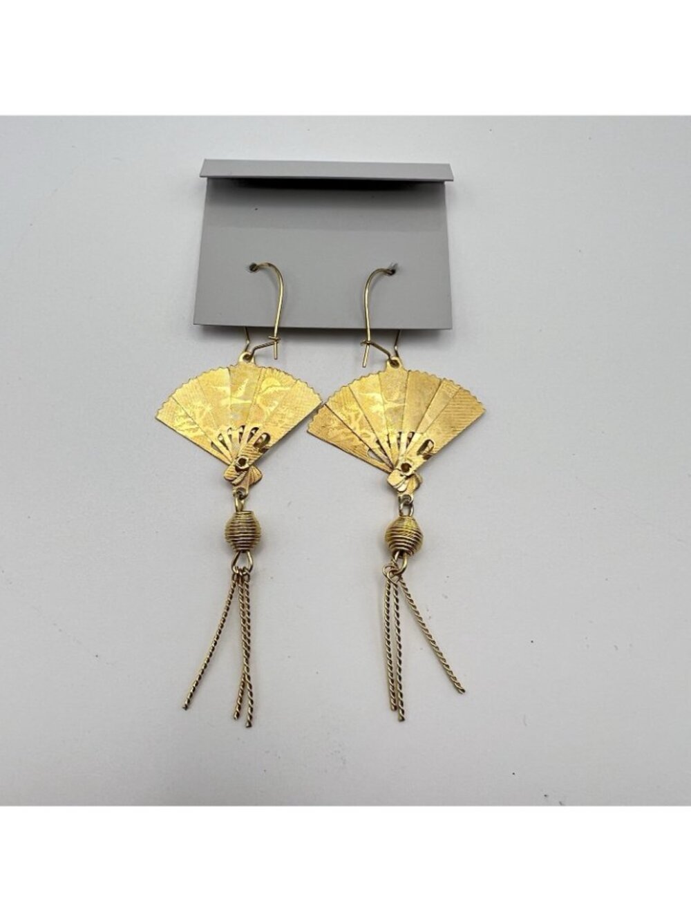 Vintage Asian Fan Tassel Earrings Gold Tone Phoenix Crane Statement Dangle 2.5" - Picture 3 of 7